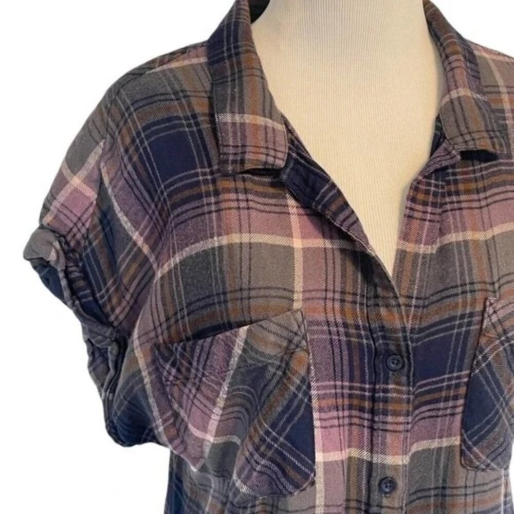 Anthropologie Cloth & Stone Purple Plaid Button Down Top - Picture 3 of 6